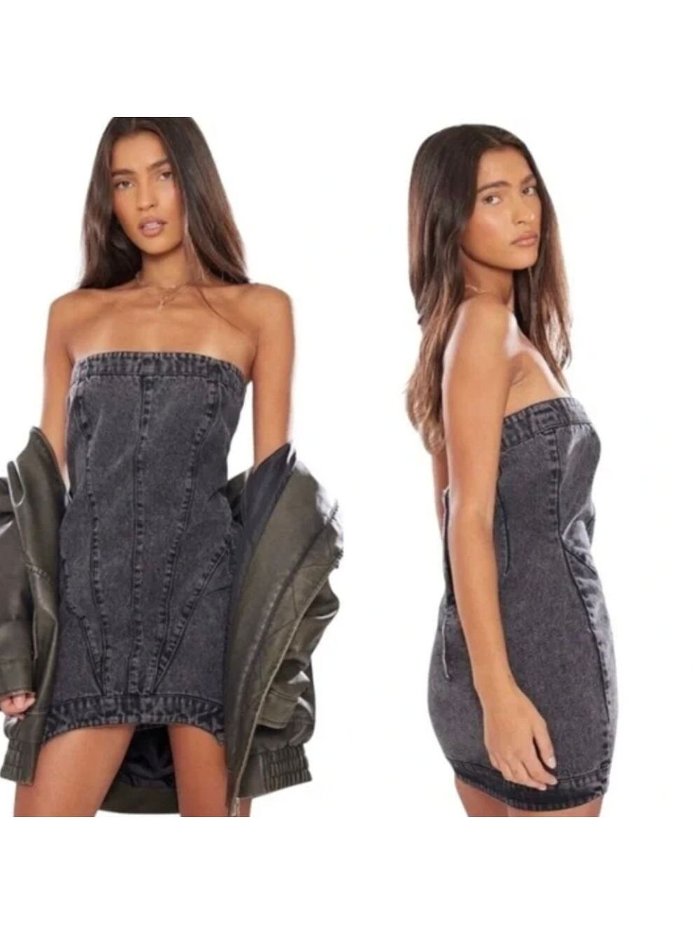 NWT PrettyLittleThing Seam Detail Asymmetric Denim Mini Dress-Washed Black